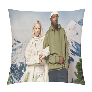 Personality  Stylish Blonde Woman Standing With African American Boyfriend With Mountain Backdrop, Winter Fashion Pillow Covers