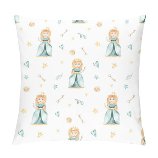 Personality  Cute Princess, Crown, Flowers, Key, Leaves In Green On A White Background. Watercolor Seamless Pattern Pillow Covers