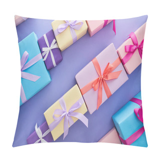 Personality  Flat Lay With Colorful Presents With Bows On Purple Background Pillow Covers