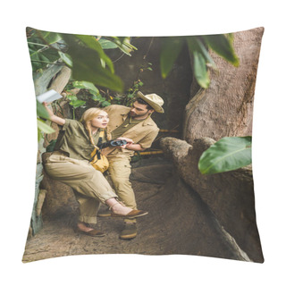 Personality  Handsome Man Supporting His Girlfriend While They Hiking In Jungle In Jungle Pillow Covers