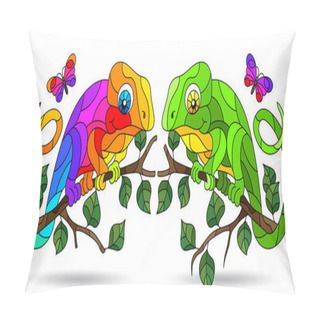 Personality  A Set Of Illustrations In The Style Of Stained Glass With Bright Abstract Chameleons, Animals Isolated On A White Background Pillow Covers