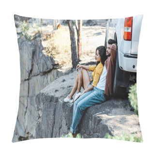 Personality  Selective Focus Of Handsome Man And Attractive Girl Sitting Near Car  Pillow Covers
