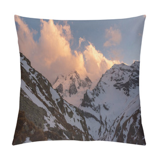 Personality  Mountain Peaks Covered With Snow With Bright Clouds In The Evening At Sunset Against The Blue Sky. Kabardino-Balkaria, Russia Pillow Covers