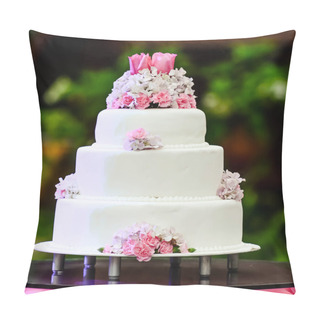 Personality  White Four Tiered Wedding Cake On Table Pillow Covers