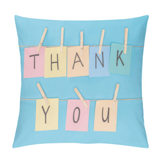 Personality Colorful Sticky Notes Spelling Thank You On Lace With Clothespins Isolated On Blue Background Pillow Covers