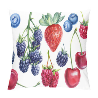 Personality  Watercolor Berries, Isolated White Background. Natural Organic Raspberry, Strawberry, Blackberry, Blueberry And Cherry Pillow Covers