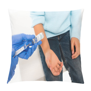 Personality  Cropped View Of Doctor Picking Up Coronavirus Vaccine In Syringe Near Child Isolated On White Pillow Covers