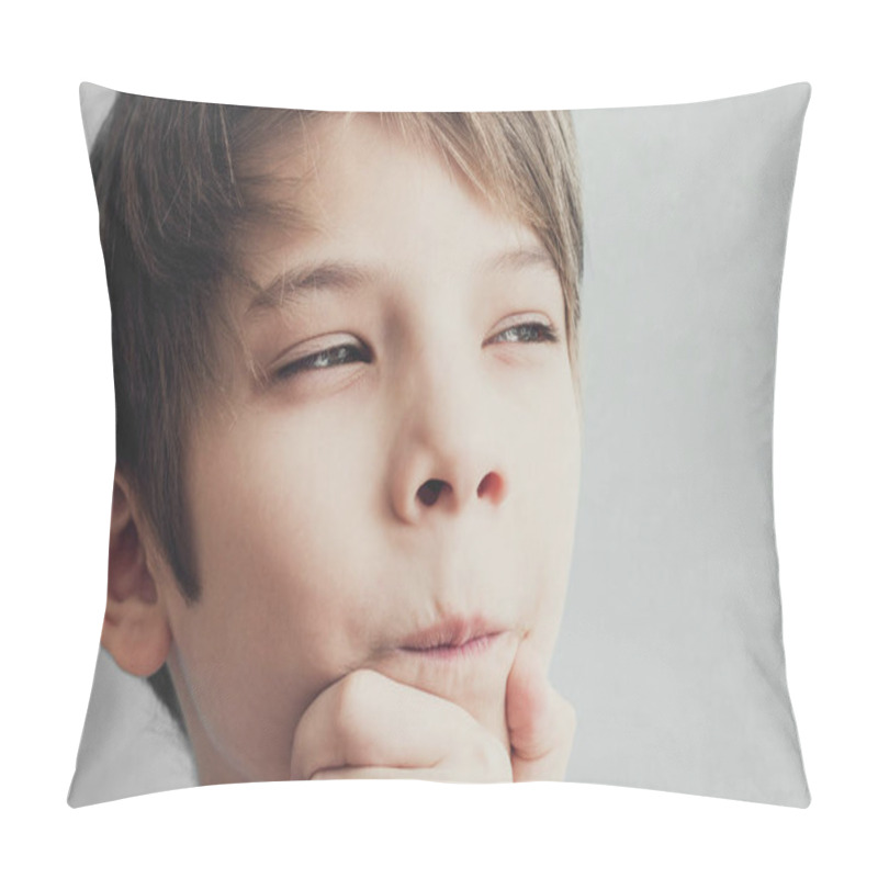 Personality  Portrait Of Thoughtful And Cunning Boy. Emotion Concept Pillow Covers