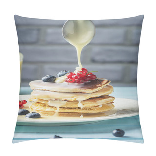 Personality  Pancakes Are Watered With Condensed Milk. Tasty Breakfast With Berries. Dessert With Currants And Blueberries Close-up Pillow Covers
