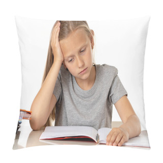 Personality  Education, Elementary School, Childhood And Emotions Concept.  Sad Or Bored Little Student Girl Studying Looking Frustrated With Learning Problems On White Background Pillow Covers