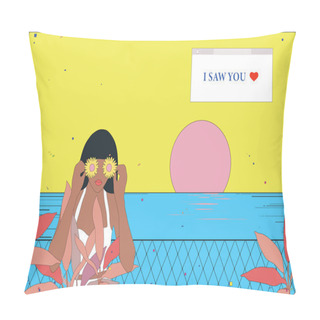 Personality  Minimal Tropical Art Illustration Of Woman With Flowers In Her Both Hand Cover Her Eyes, Clean Line Art Style, Retro - Vintage Nostalgic Background Template Pillow Covers