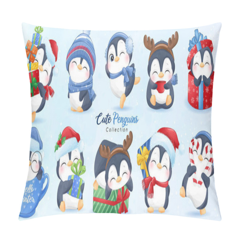 Personality  Cute doodle penguins set for christmas day with watercolor illustration pillow covers