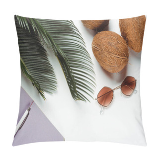 Personality  Top View Of Green Palm Leaves, Sunglasses, Coconuts And Notepad On White Background Pillow Covers