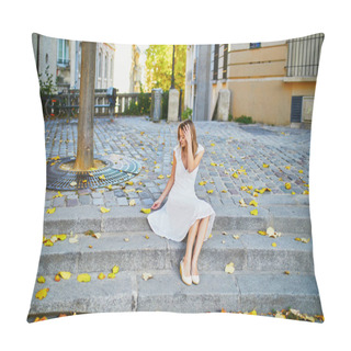 Personality  Beautiful Young Woman In White Dress Sitting On The Stairs With Yellow Autumn Leaves On Famous Montmartre Hill In Paris, France At Early Morning Pillow Covers