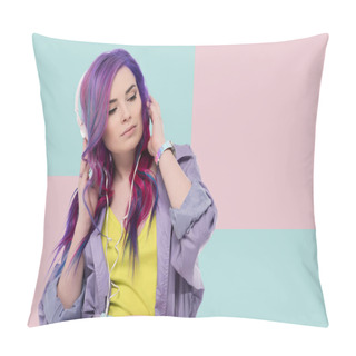Personality Beautiful Young Woman With Colorful Hair In Purple Trench Coat Listening Music With Headphones Pillow Covers