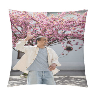 Personality  African American Man In Shirt Jacket Walking Near Pink Cherry Tree Pillow Covers