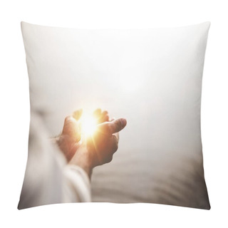 Personality  Beautiful Shot Of Jesus Christ Holding Hope And Light In His Palms With A Blurred Background Pillow Covers