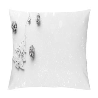 Personality  White Christmas Decoration On White Background With Pine Cones. Xmas And Happy New Year Theme, Bokeh, Snowflakes. Flat Lay, Top View Pillow Covers