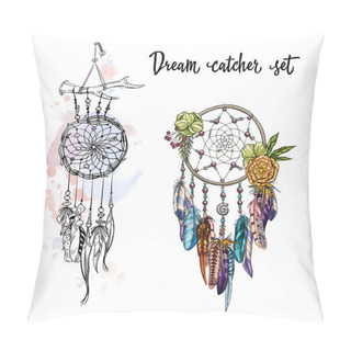 Personality  Set Of Hand Drawn Dream Catchers. Feathers, Beads And Flowers. Vector Illustration. Pillow Covers