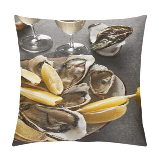 Personality  Top View Of Delicious Oysters And Lemons In Bowl Near Champagne Glasses With Sparkling Wine On Grey Surface Pillow Covers
