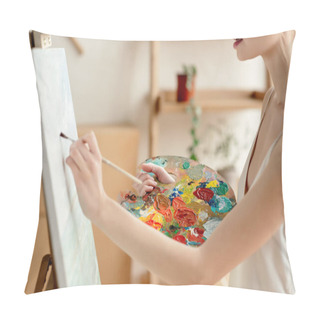 Personality  Cropped Shot Of Tender Young Artist With Palette And Brush Painting On Easel In Studio Pillow Covers
