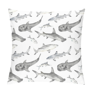 Personality  Watercolor Seamless Pattern With Underwater Animals, Shark, Hammerhead Shark, Whale Shark, Marlin, Fish On A White Background Pillow Covers