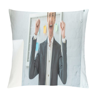 Personality  Excited Businessman With Winner Gesture Looking At Camera, While Standing With Mesh Organizer On Background, Banner Pillow Covers