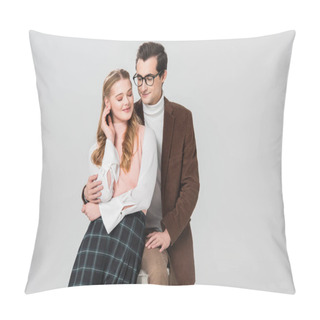 Personality  Man In Eyeglasses Embracing Stylish Girlfriend Isolated On Grey Pillow Covers