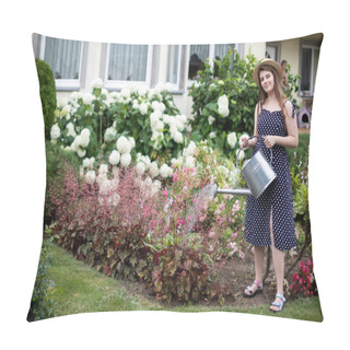 Personality  A Young Girl Waters The Flowers In Her Garden With A Watering Can. Pillow Covers