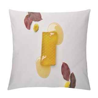 Personality  Top View Of Soap In Shape Of Honeycomb With Dandelions And Leaves On White Marble Surface Pillow Covers