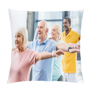 Personality  Happy Multicultural Senior Athletes Synchronous Doing Exercise At Gym Pillow Covers