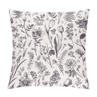 Personality  Vector Seamless Pattern With Garden Spring And Summer Flowers. Botanical Illustration. Black And White. Pillow Covers