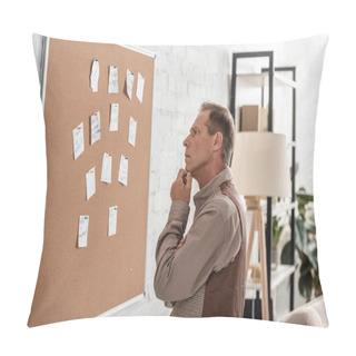 Personality  Pensive Retired Man With Alzheimer Looking At Board With Papers  Pillow Covers