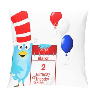 Personality  Blue Bird In A Striped Hat With Icon A Calendar. Pillow Covers