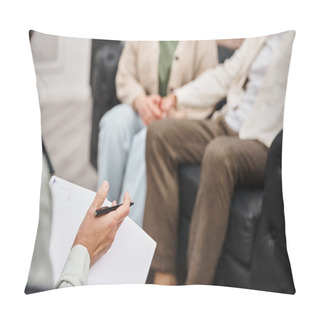 Personality  Focus On Psychologist  Holding Pen And Blank Notebook Near Married Couple During Appointment Pillow Covers