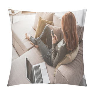 Personality  Young Woman Using Her Gadgets And Relaxing At Home Pillow Covers