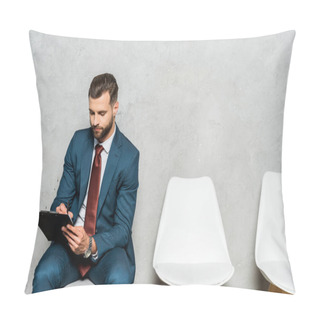 Personality  Handsome Bearded Man Sitting On White Chair And Holding Clipboard  Pillow Covers