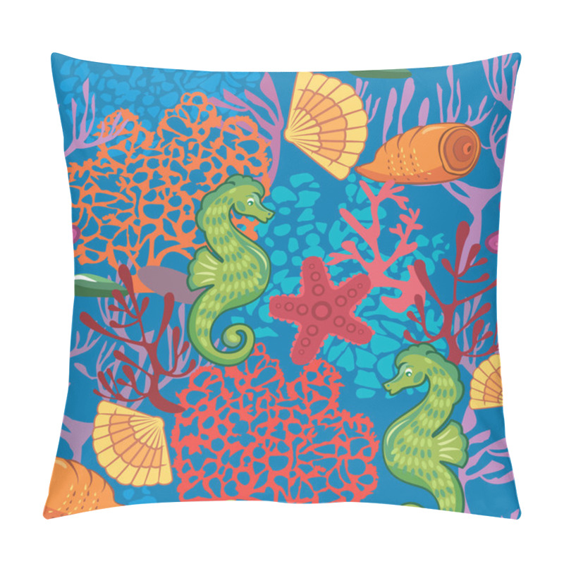 Personality  Seamless Nautical Pattern On Blue Background With Sea Horses, Fi Pillow Covers