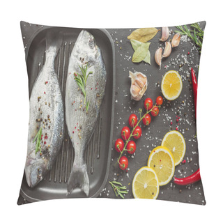 Personality  Elevated View Of Uncooked Fish Near Ingredients On Black Table  Pillow Covers