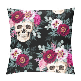 Personality  Seamless Pattern With Human Skull And Flowers Pillow Covers