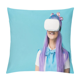 Personality  Smiling Anime Girl In Purple Wig And Vr Headset Isolated On Blue Pillow Covers