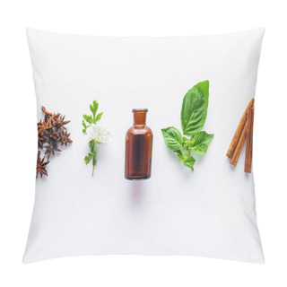 Personality  Elevated View Of Bottle Of Aromatic Essential Oil, Cinnamon Sticks, Carnation And Green Leaves Isolated On White Pillow Covers