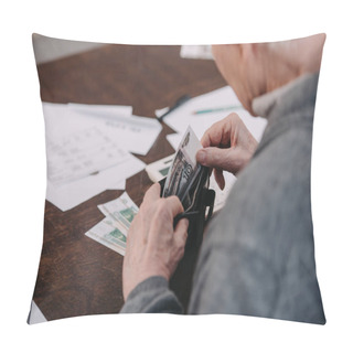 Personality  Partial View Of Senior Man Sitting At Table With Paperwork And Counting Money Pillow Covers