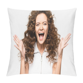 Personality  Excited Curly Girl Screaming In White T-shirt, Isolated On White Pillow Covers