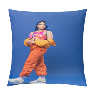 Personality  Full Length, Woman With Dyed Hair, Fashion Statement, Tattooed Female Model With Blue Hair Posing In Puffer Jacket And Orange Pants On Blue Background, Vibrant Color, Urban Fashion, Individualism  Pillow Covers