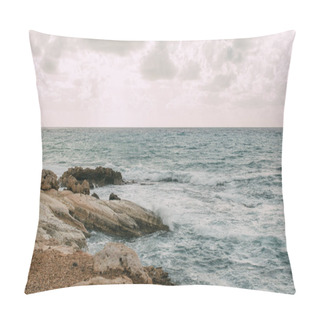 Personality  Coastline With Stones Near Mediterranean Sea Against Sky With Clouds  Pillow Covers