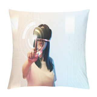 Personality  Young Woman In Vr Headset Pointing With Finger At Network Illustration On Beige And Blue Background Pillow Covers