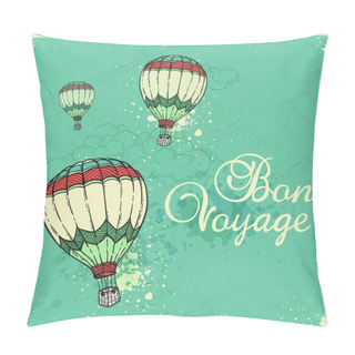 Personality  Blue Vintage Travel Background With Air Balloons, Clouds And Blots. Hand Drawn Vector Illustration. Pillow Covers