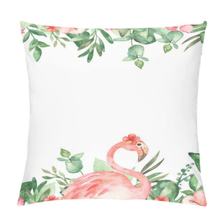 Personality  Watercolor Rectangular Frame With Flamingos, Tropical Leaves And Flowers Pillow Covers