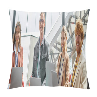 Personality  Cheerful Young Team In Smart Casual Wear Holding Laptops And Looking At Camera, Coworking, Banner Pillow Covers